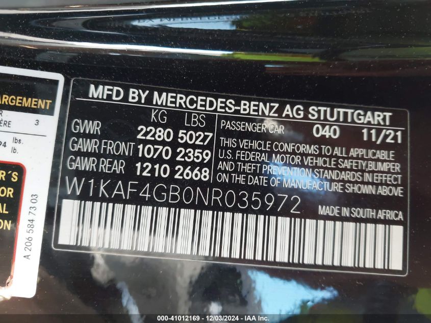 VIN W1KAF4GB0NR035972 2022 MERCEDES-BENZ C 300 no.9