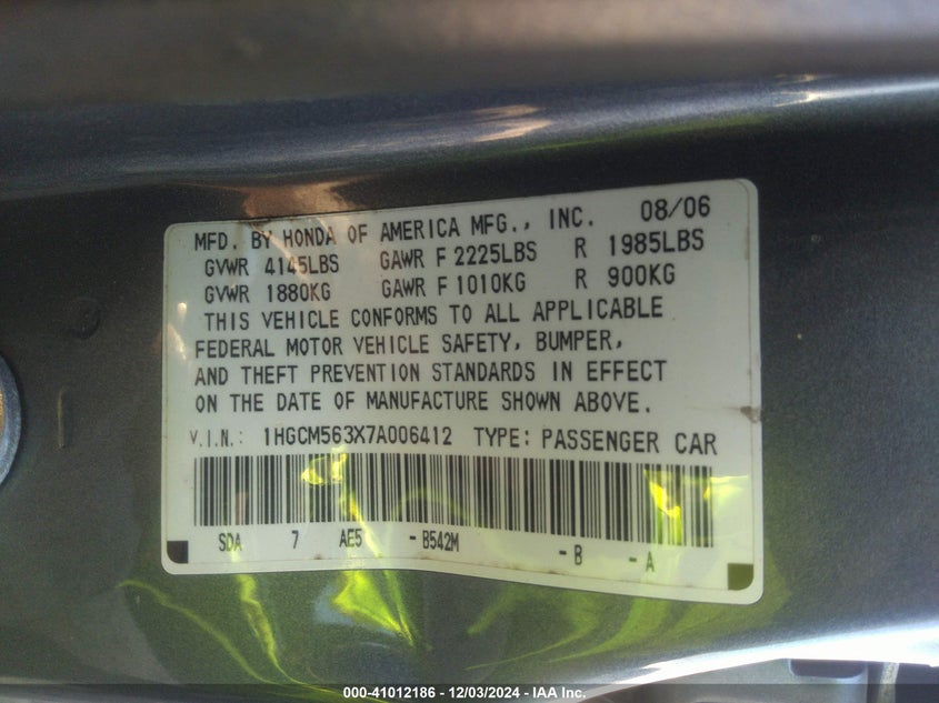 2007 HONDA ACCORD VIN: 1HGCM563X7A006412
