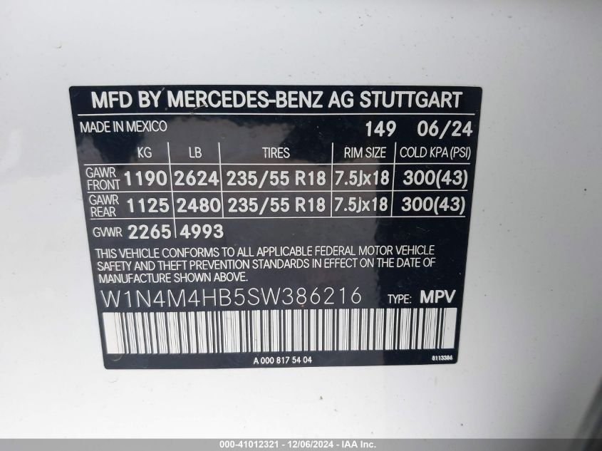 VIN W1N4M4HB5SW386216 2025 Mercedes-Benz GLB-Class,... no.9