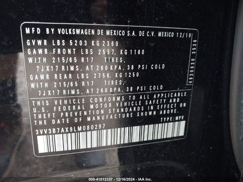 VIN 3VV3B7AX9LM080297 2020 VOLKSWAGEN TIGUAN no.9