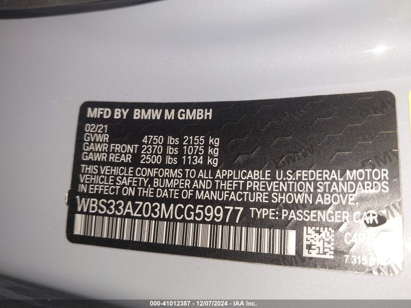 2021 BMW M4 VIN: WBS33AZ03MCG59977