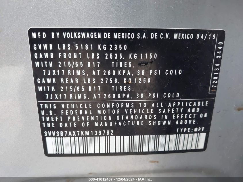 VIN 3VV3B7AX7KM139782 2019 VOLKSWAGEN TIGUAN no.9