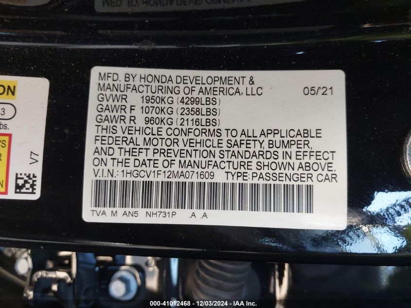 VIN 1HGCV1F12MA071609 2021 HONDA ACCORD no.9