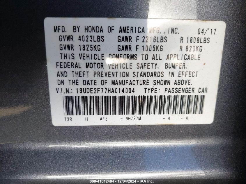 2017 ACURA ILX VIN: 19UDE2F77HA014004