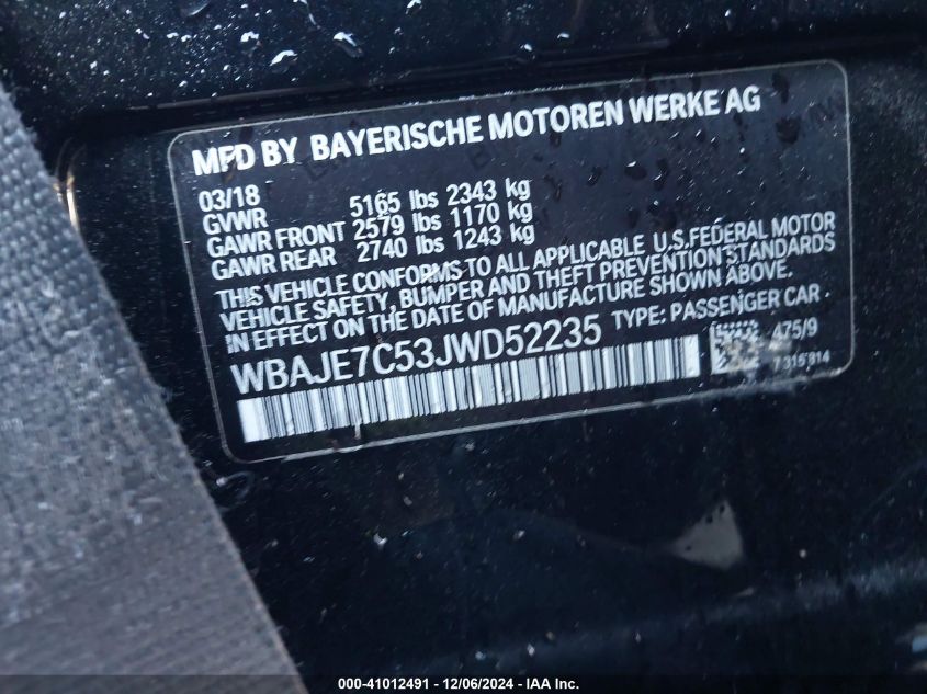 VIN WBAJE7C53JWD52235 2018 BMW 5 Series, 540I Xdrive no.9