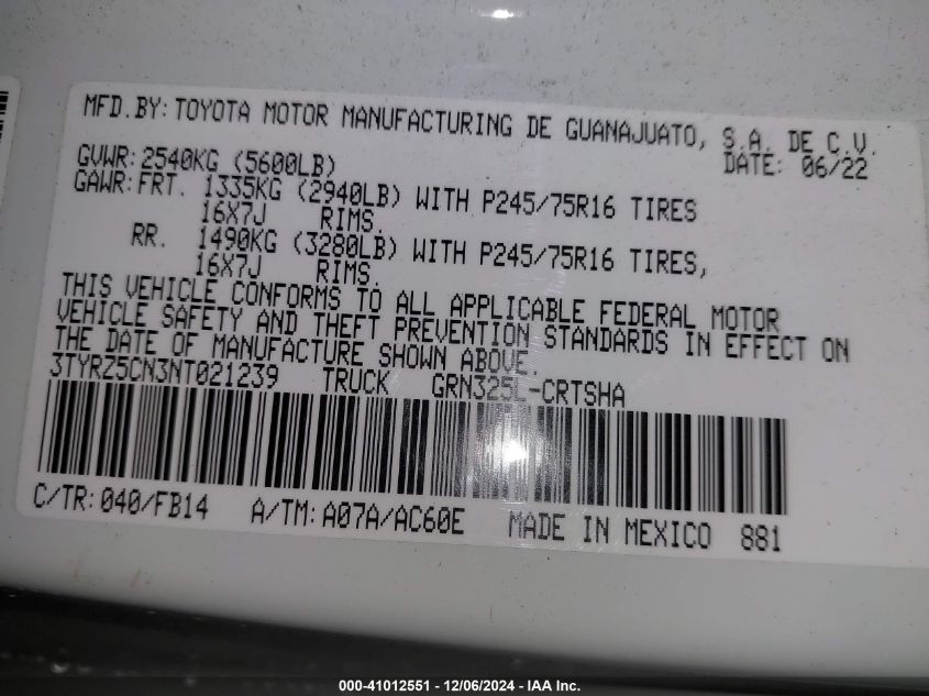 2022 Toyota Tacoma Sr V6 VIN: 3TYRZ5CN3NT021239 Lot: 41012551