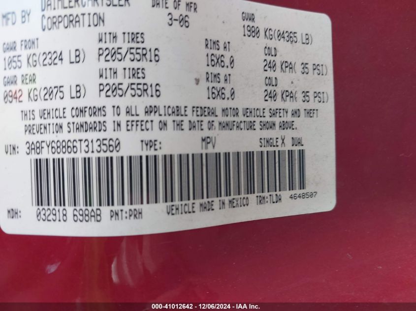 2006 Chrysler Pt Cruiser Limited VIN: 3A8FY68866T313560 Lot: 41012642