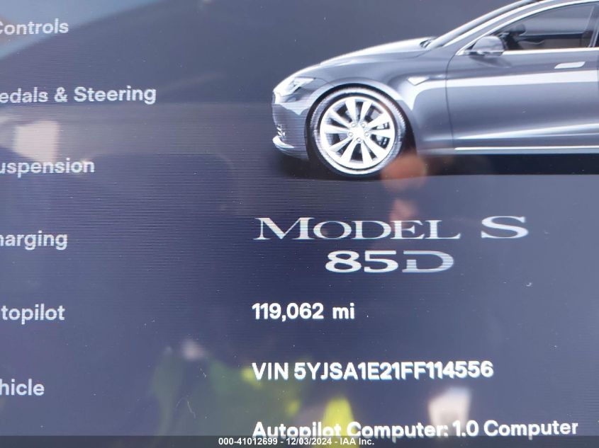 2015 Tesla Model S 70D/85D/P85D VIN: 5YJSA1E21FF114556 Lot: 41012699