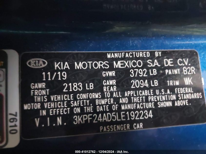 2020 Kia Forte Lxs VIN: 3KPF24AD5LE192234 Lot: 41012762