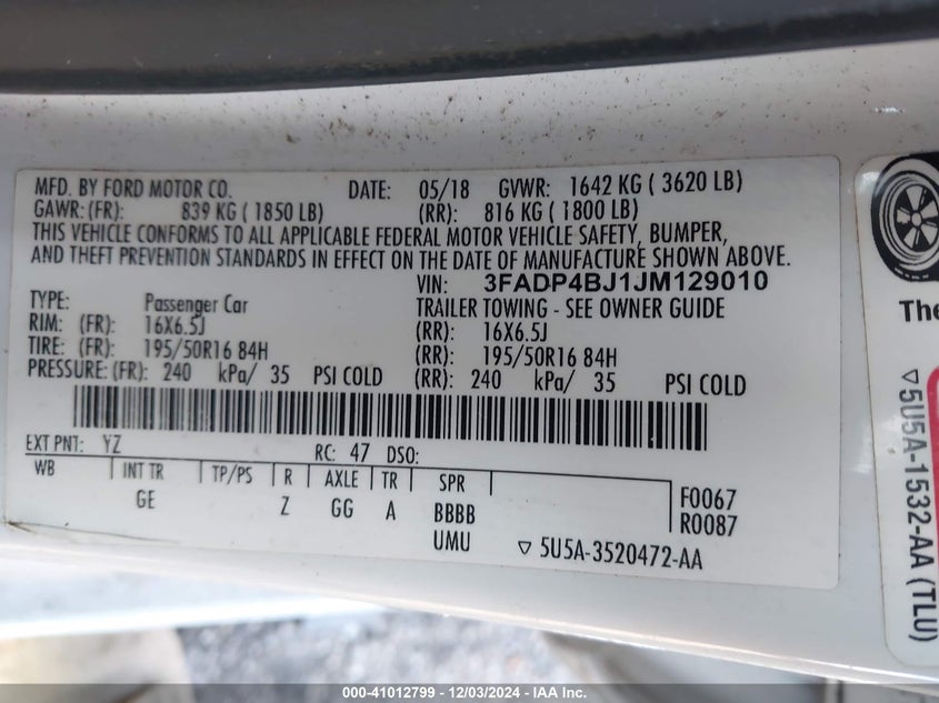 VIN: 3FADP4BJ1JM129010 2018 FORD FIESTA SE