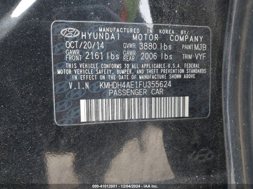 VIN KMHDH4AE1FU355624 2015 Hyundai Elantra, SE no.9