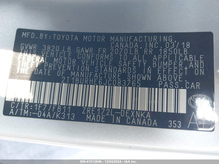 2018 TOYOTA COROLLA LE - 2T1BURHE6JC083765