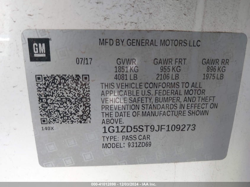 2018 CHEVROLET MALIBU VIN: 1G1ZD5ST9JF109273