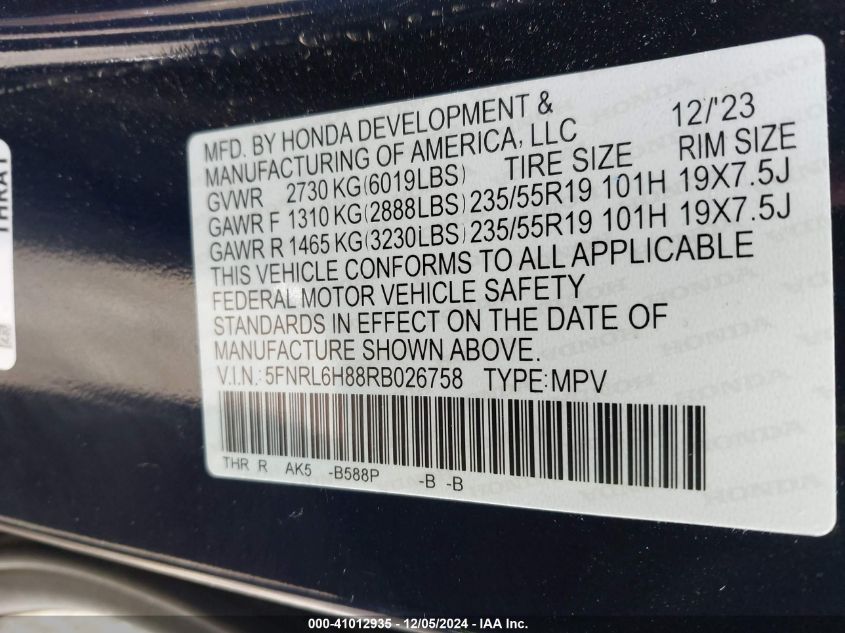 VIN 5FNRL6H88RB026758 2024 HONDA ODYSSEY no.9