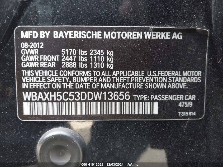 VIN WBAXH5C53DDW13656 2013 BMW 5 Series, 528I Xdrive no.9