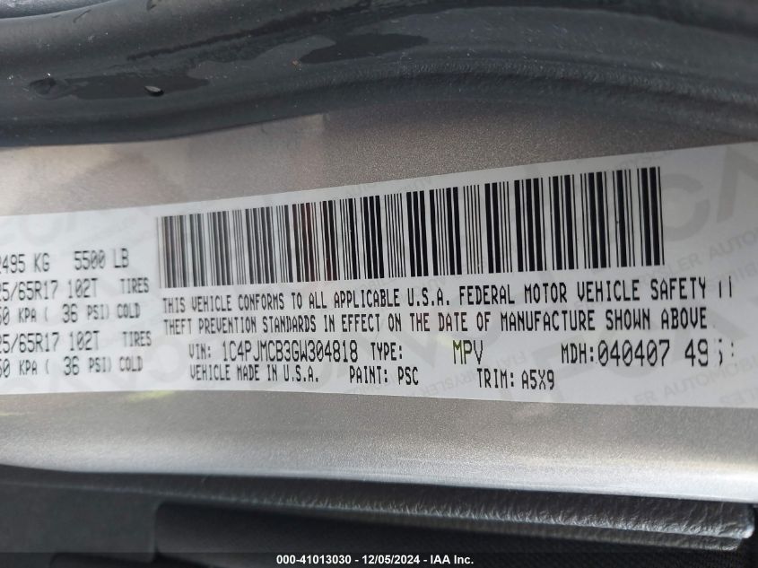 VIN 1C4PJMCB3GW304818 2016 Jeep Cherokee, Latitude no.9