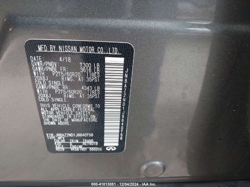 2018 Infiniti Qx80 VIN: JN8AZ2ND1J9840758 Lot: 41013051