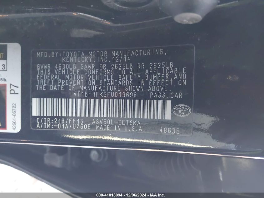 VIN 4T1BF1FK5FU013698 2015 Toyota Camry, SE no.9