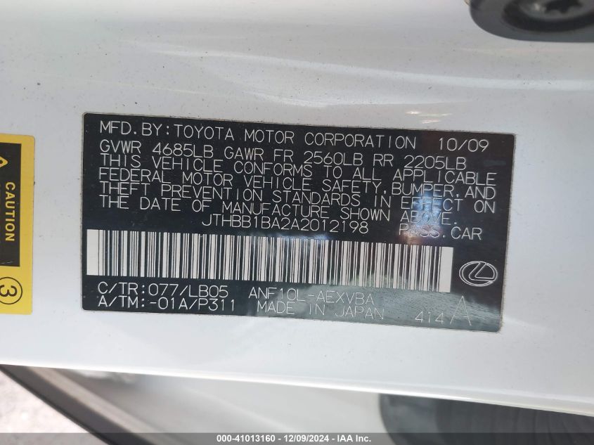 2010 Lexus Hs 250H VIN: JTHBB1BA2A2012198 Lot: 41013160