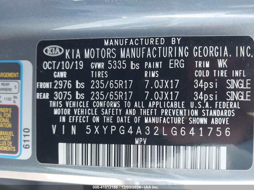 VIN 5XYPG4A32LG641756 2020 KIA Sorento, 2.4L Lx no.9