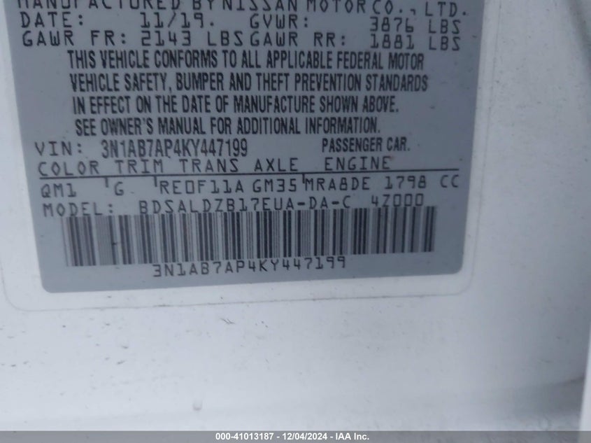 VIN 3N1AB7AP4KY447199 2019 NISSAN SENTRA SV