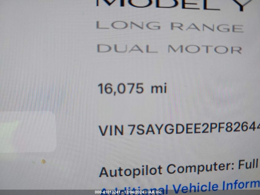 2023 Tesla Model Y Awd/Long Range Dual Motor All-Wheel Drive VIN: 7SAYGDEE2PF826440 Lot: 41013241