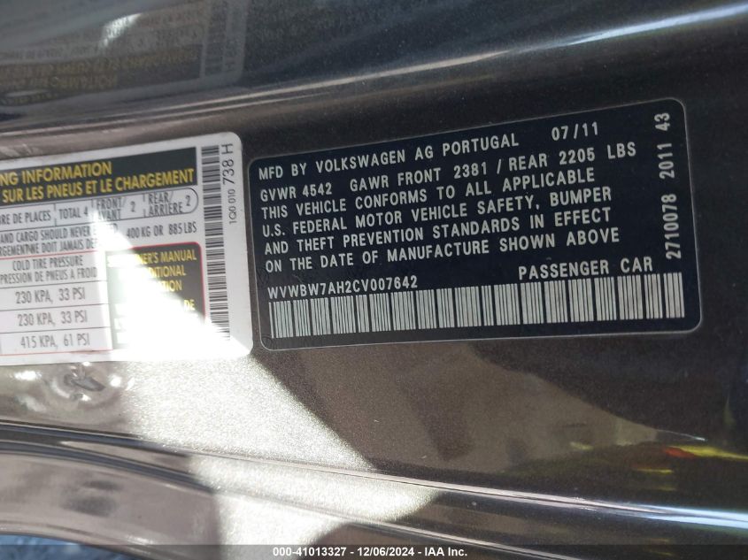 2012 Volkswagen Eos Komfort VIN: WVWBW7AH2CV007642 Lot: 41013327