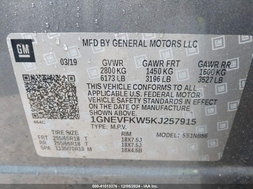 VIN 1GNEVFKW5KJ257915 2019 CHEVROLET TRAVERSE no.9