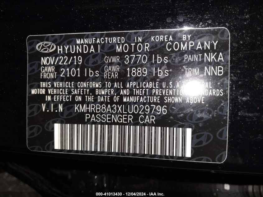 2020 Hyundai Venue Se VIN: KMHRB8A3XLU029796 Lot: 41013430