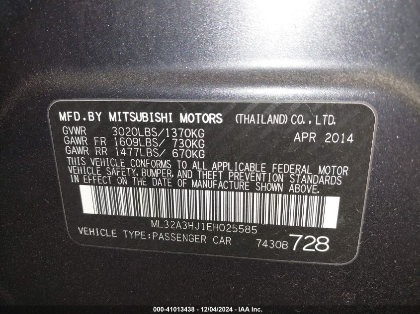 VIN ML32A3HJ1EH025585 2014 MITSUBISHI MIRAGE no.9