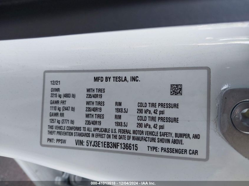 VIN 5YJ3E1EB3NF136615 2022 Tesla Model 3, Long Rang... no.9