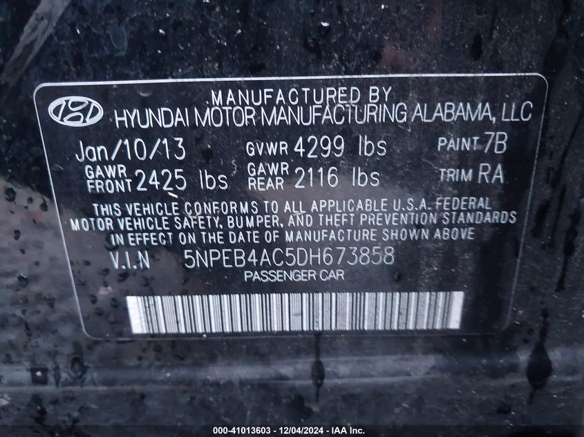 2013 HYUNDAI SONATA VIN: 5NPEB4AC5DH673858