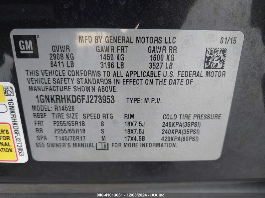 VIN 1GNKRHKD6FJ273953 2015 Chevrolet Traverse, 2LT no.9