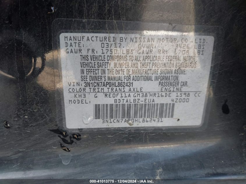 VIN 3N1CN7AP0HL862431 2017 Nissan Versa, 1.6 SV no.9