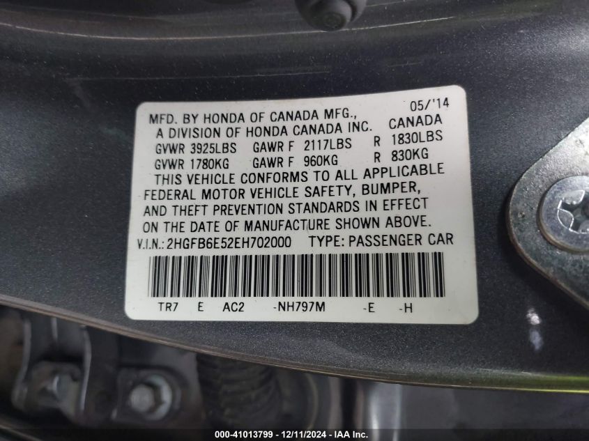 VIN 2HGFB6E52EH702000 2014 Honda Civic, SI no.9