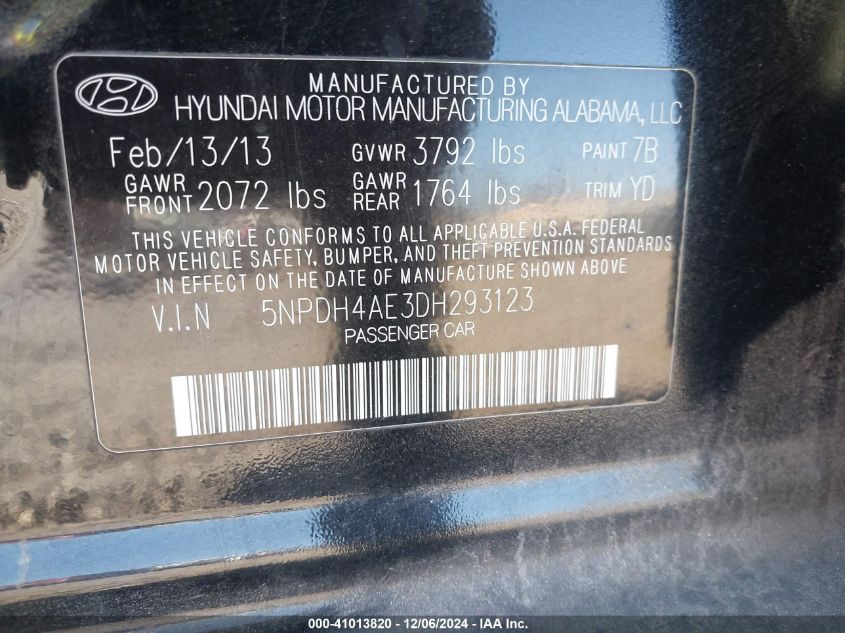 VIN 5NPDH4AE3DH293123 2013 Hyundai Elantra, Gls no.9