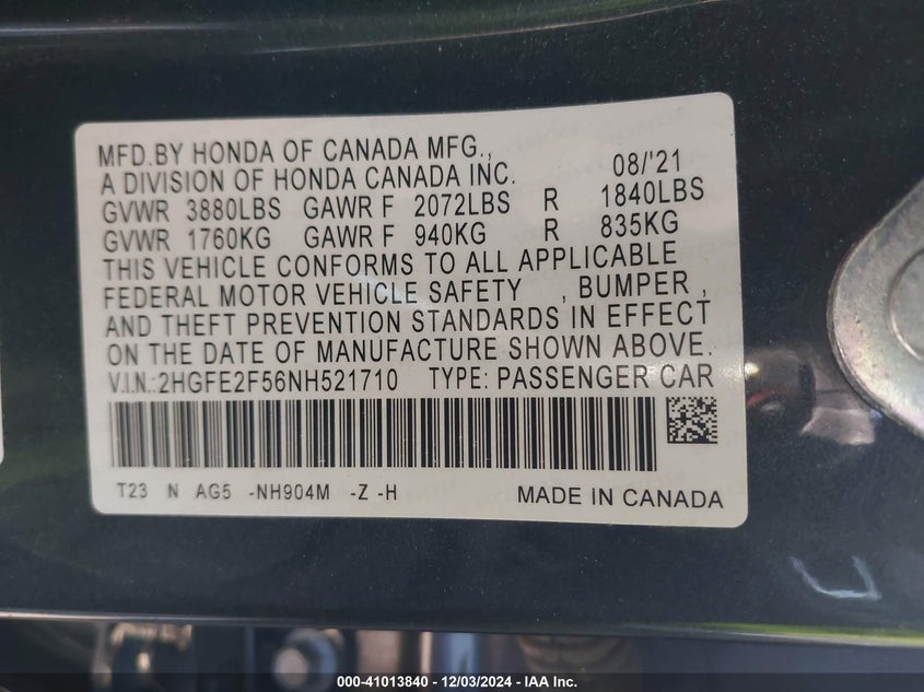VIN 2HGFE2F56NH521710 2022 HONDA CIVIC SPORT