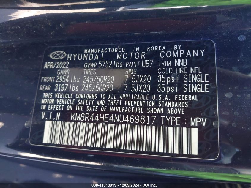 VIN KM8R44HE4NU469817 2022 HYUNDAI PALISADE no.9