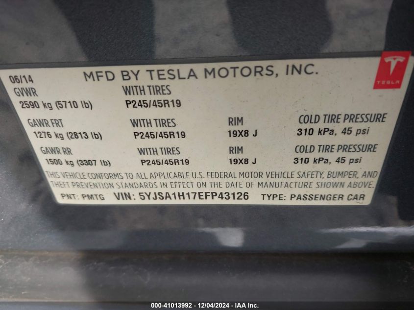 VIN 5YJSA1H17EFP43126 2014 Tesla Model S, P85 no.9