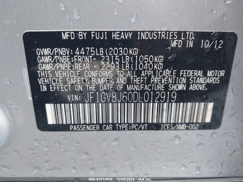2013 SUBARU IMPREZA WRX VIN: JF1GV8J60DL012919