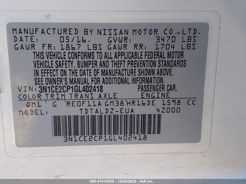 VIN 3N1CE2CP1GL402418 2016 Nissan Versa, Note S (sr... no.9