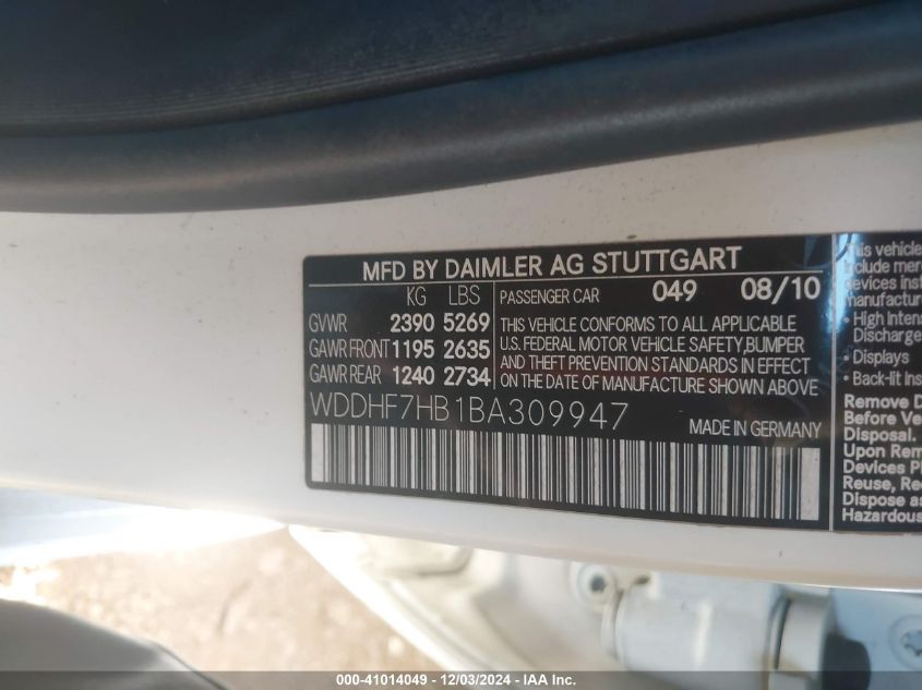 2011 Mercedes-Benz E 63 Amg VIN: WDDHF7HB1BA309947 Lot: 41014049