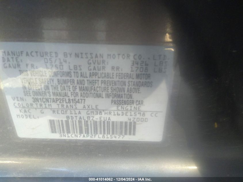 VIN 3N1CN7AP2FL815477 2015 NISSAN VERSA no.9