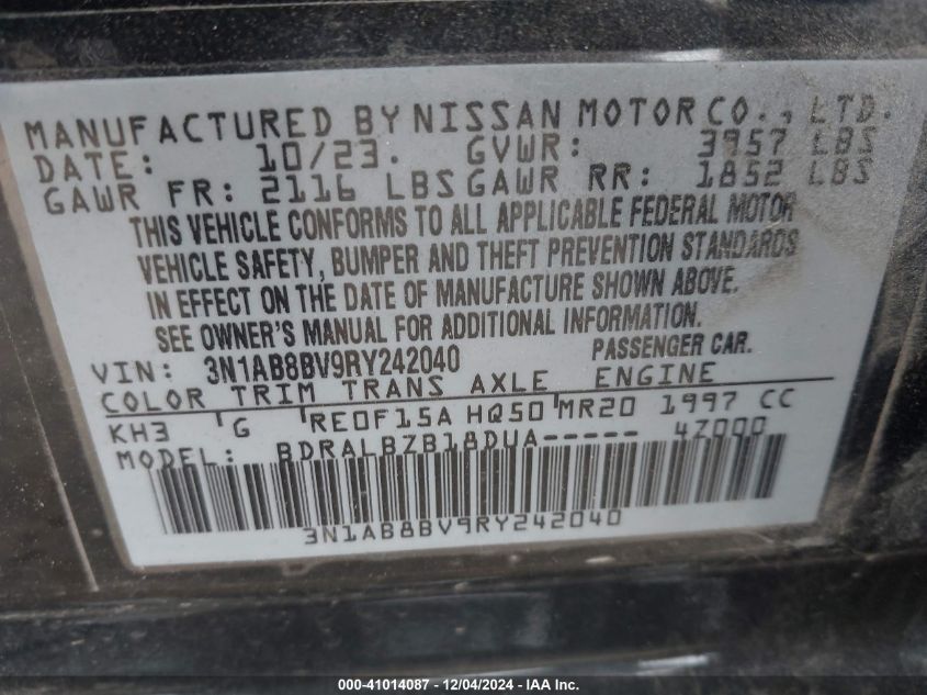 VIN 3N1AB8BV9RY242040 2024 Nissan Sentra, S Xtronic... no.9