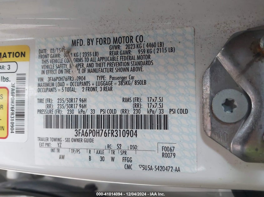 2015 FORD FUSION VIN: 3FA6P0H76FR310904