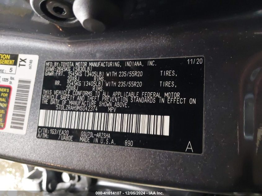 VIN 5TDLZRAH9MS042374 2021 TOYOTA HIGHLANDER no.9