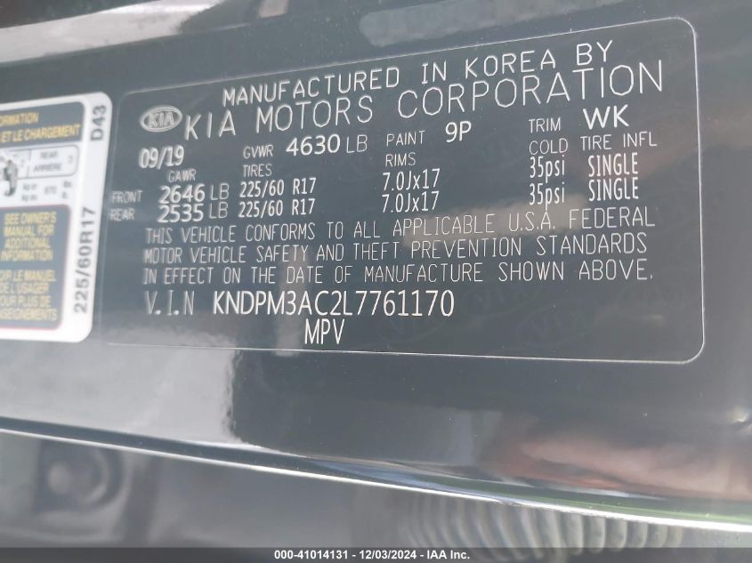 VIN KNDPM3AC2L7761170 2020 KIA Sportage, LX no.9