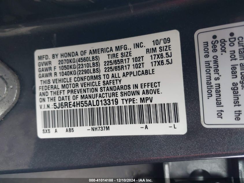 2010 Honda Cr-V Ex VIN: 5J6RE4H55AL013319 Lot: 41014188