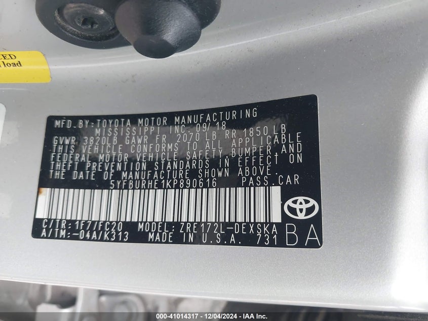 2019 TOYOTA COROLLA VIN: 5YFBURHE1KP890616