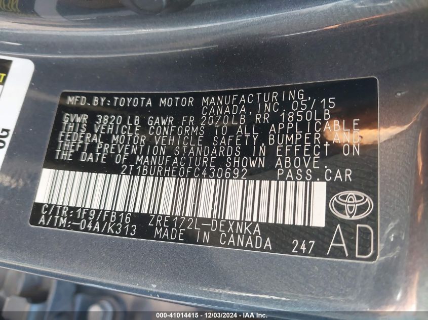 2015 TOYOTA COROLLA LE - 2T1BURHE0FC430692